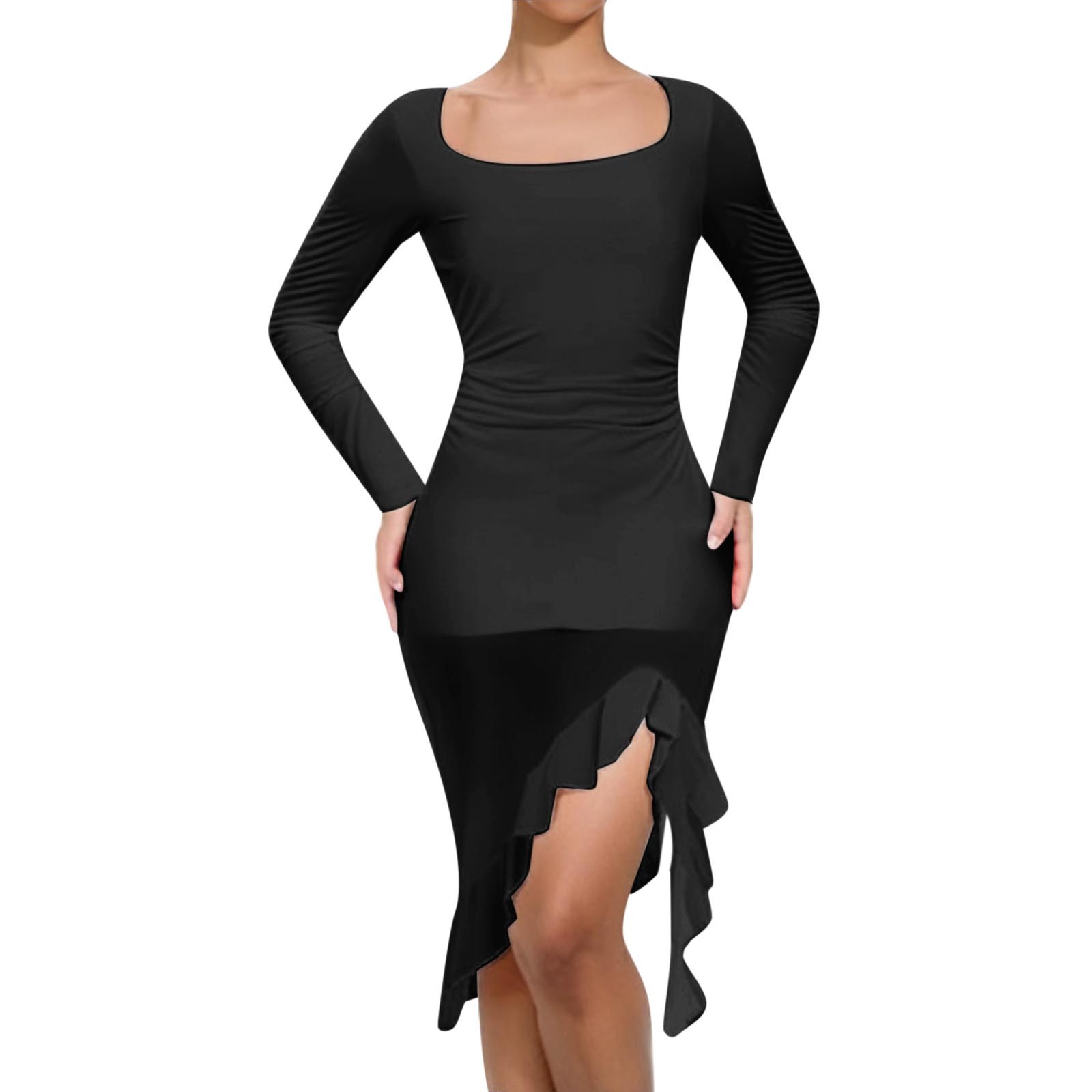thumbnail image 1 of Vestido liso de cuello en U y manga larga con bajo irregular para mujer - Vestido informal ajustado de malla, poliéster y spandex, para todas las estaciones, 1 of 6
